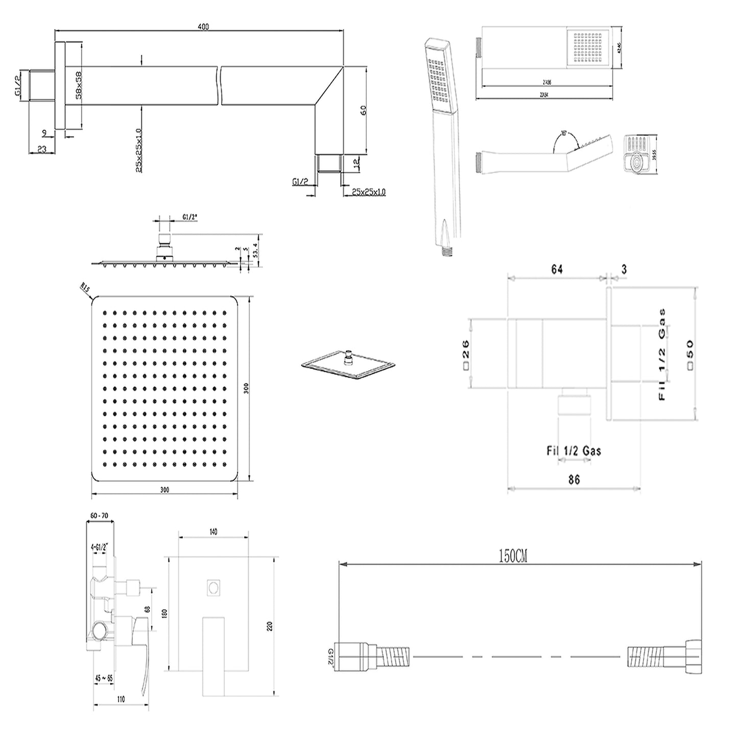GINKO Set duș încastrat cu baterie monocomandă, 2 ieșiri, crom