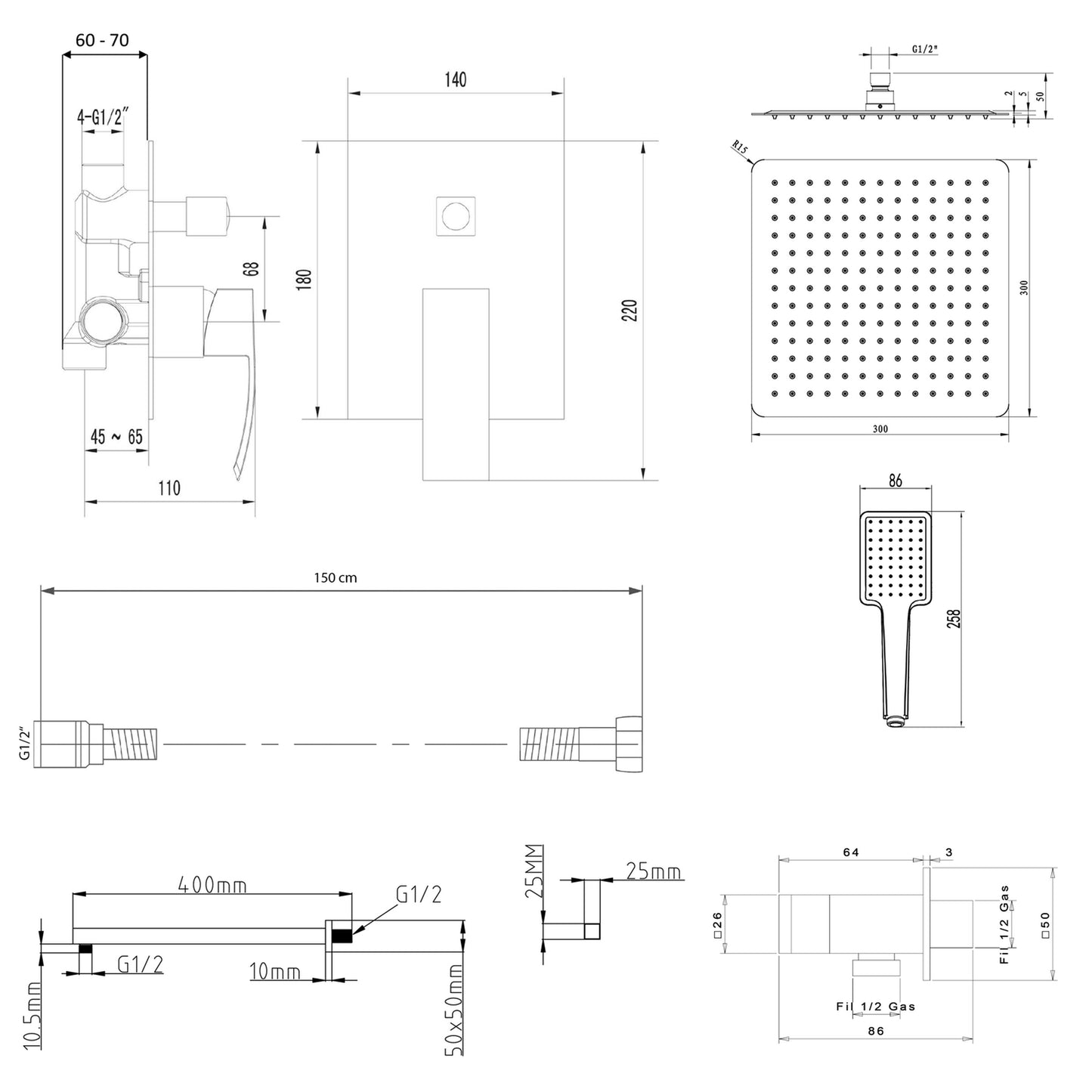 GINKO Set duș încastrat cu baterie monocomandă, 2 ieșiri, negru mat