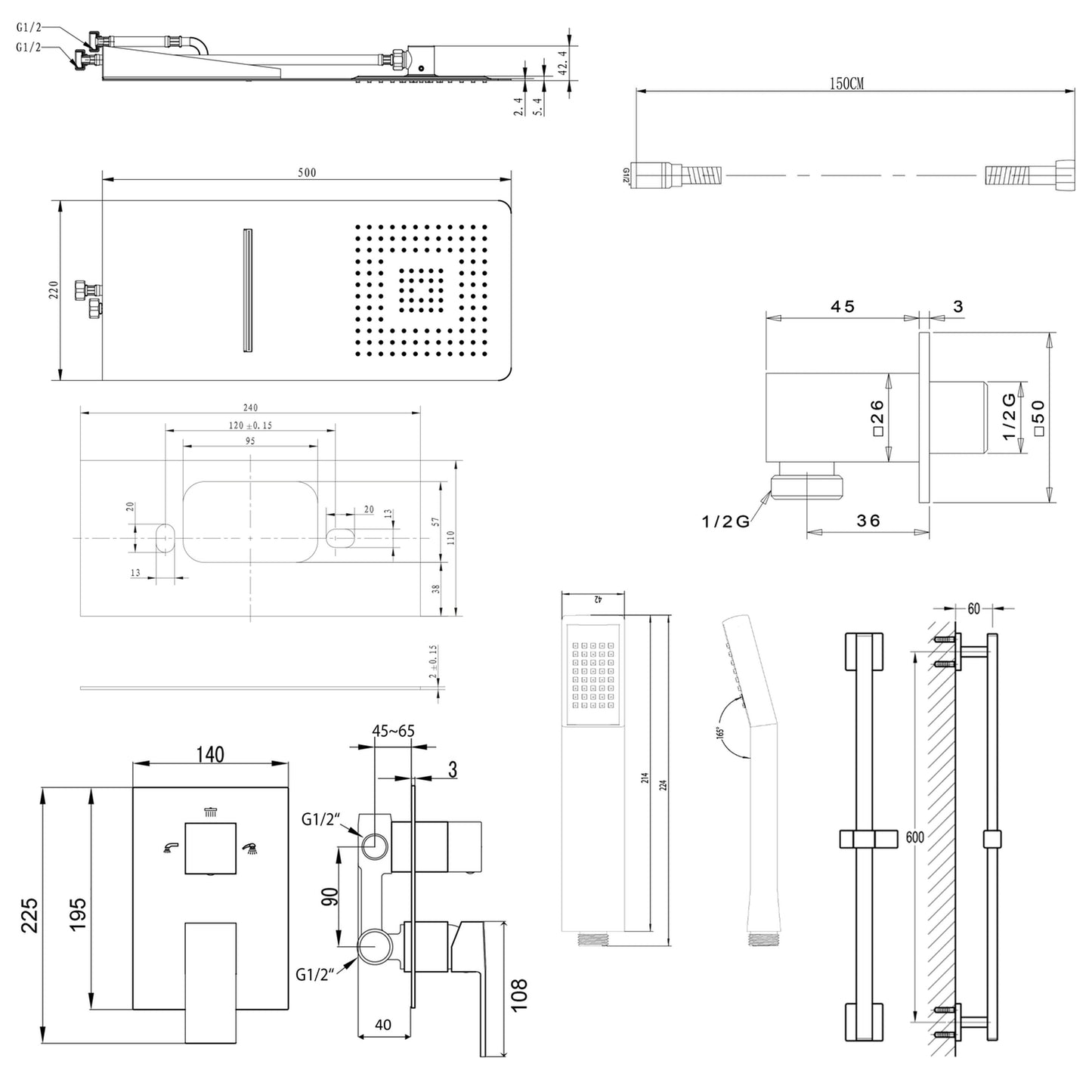 LATUS Set duș încastrat cu baterie cu pârghie, 3 ieșiri, crom