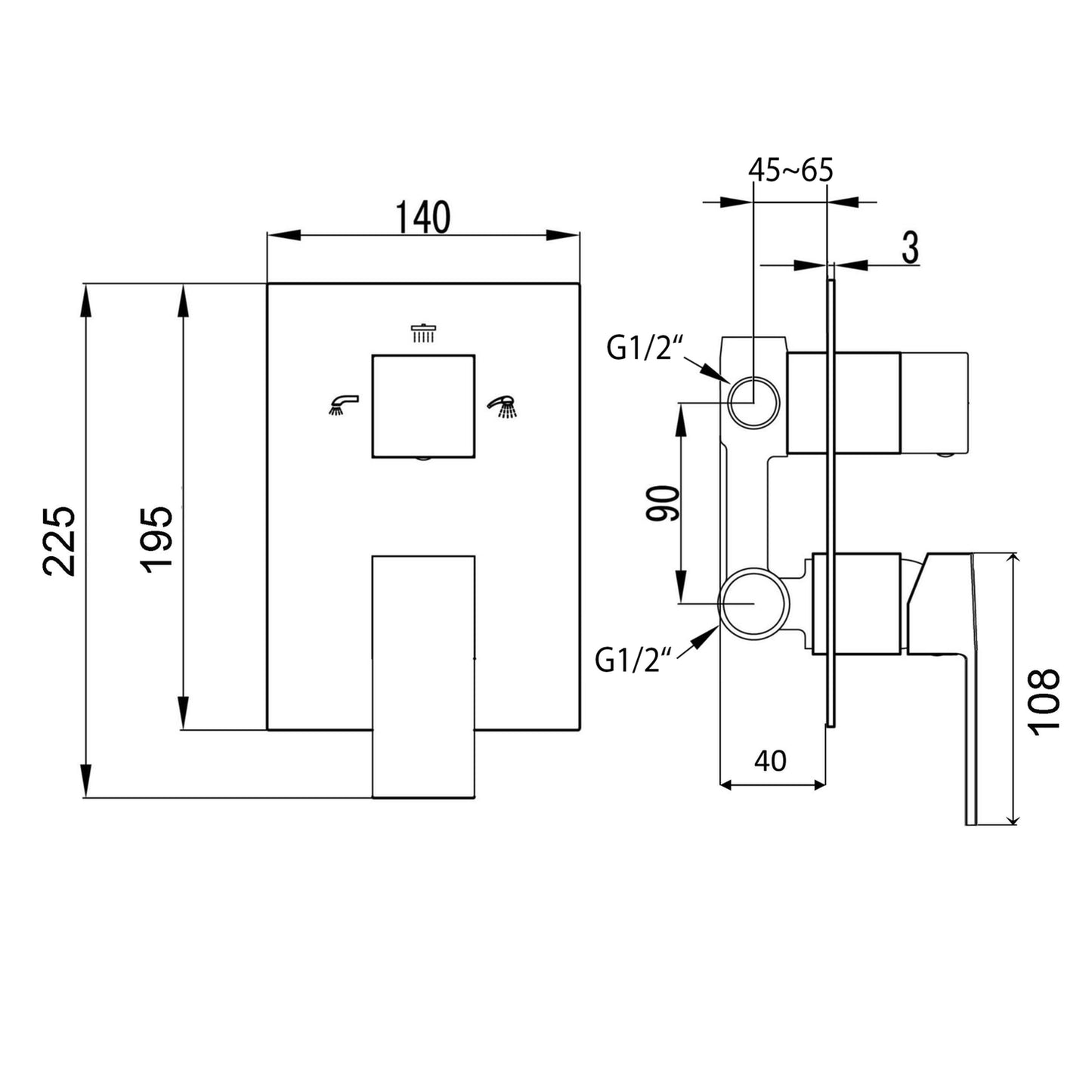 LATUS Baterie duș încastrată 3 căi, crom