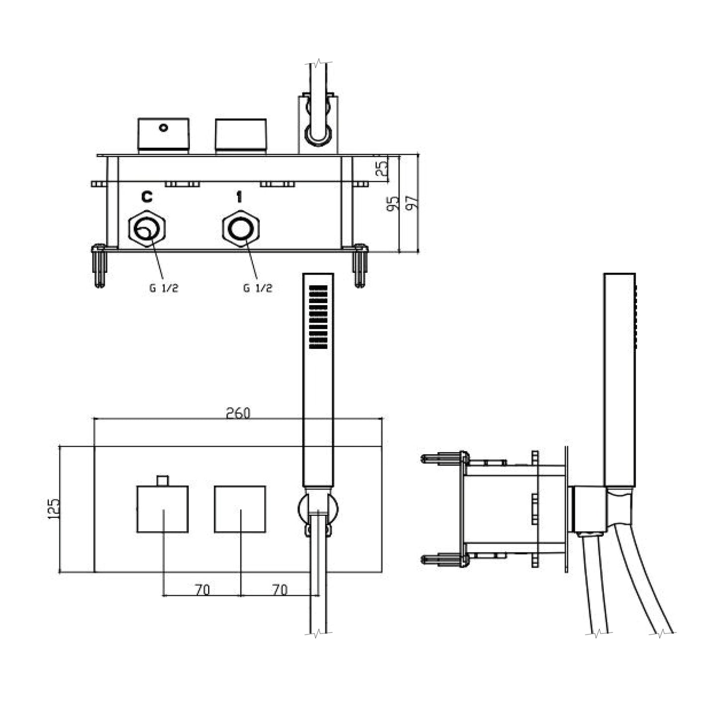 LATUS Baterie duș termostatică încastrată, cu duș de mână, 2/3 ieșiri, crom