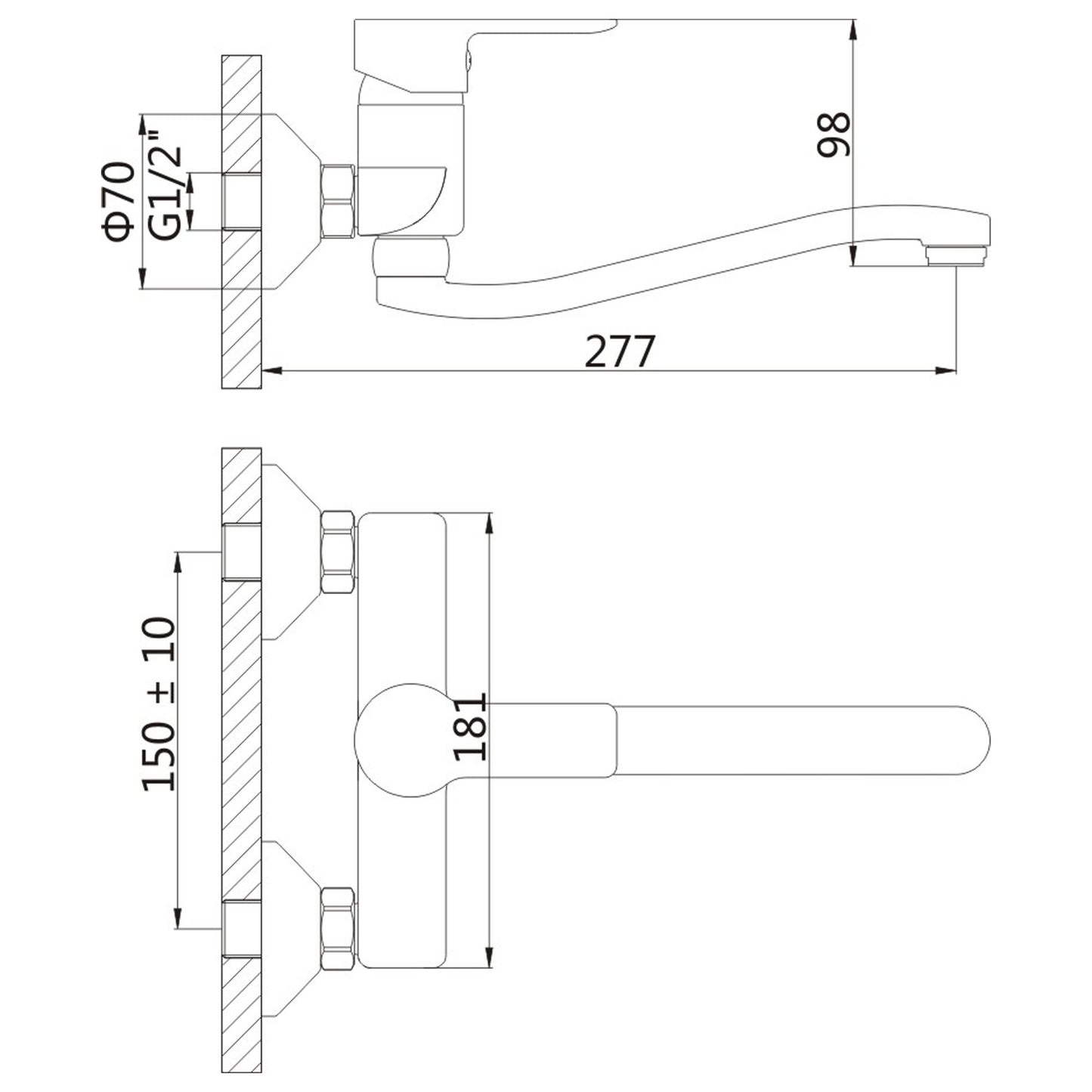 BARON Baterie montaj pe perete, distanță 150 mm, crom