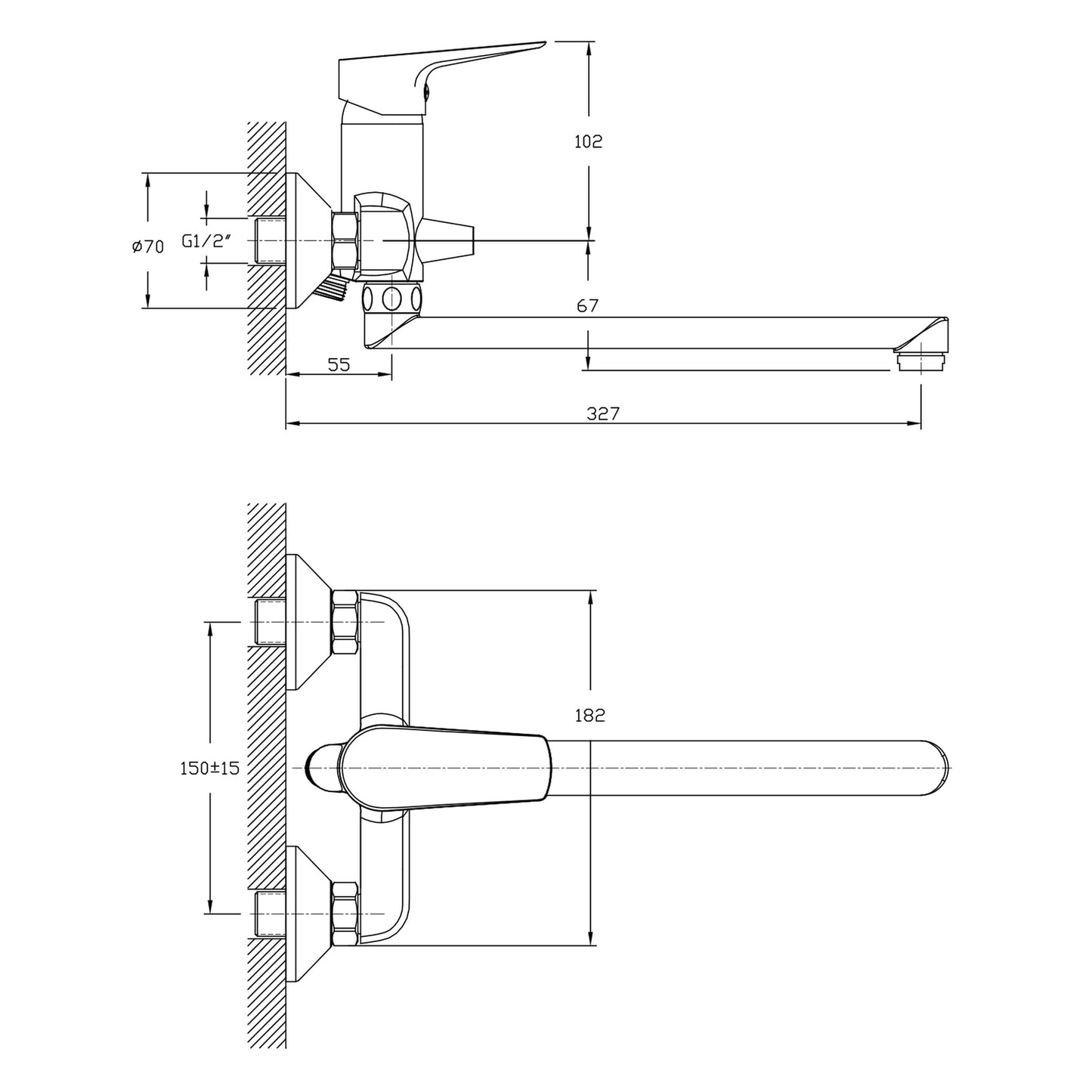 LOTTA Baterie lavoar/cadă montaj pe perete, crom