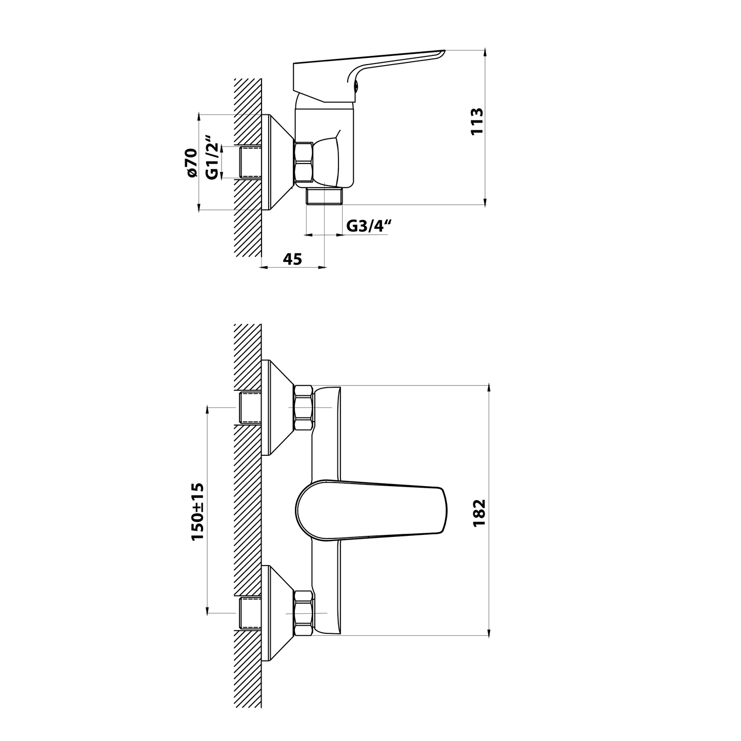 LOTTA Baterie montaj pe perete cu pipă S, crom