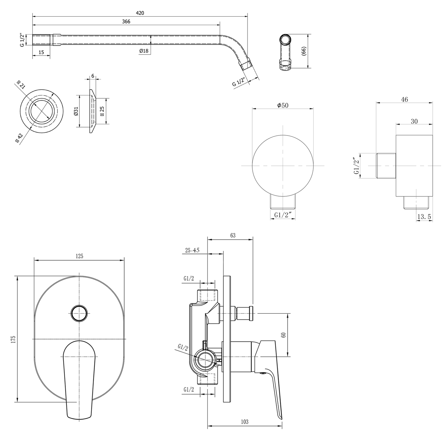 LOTTA Set duș încastrat cu baterie monocomandă, 2 ieșiri, crom