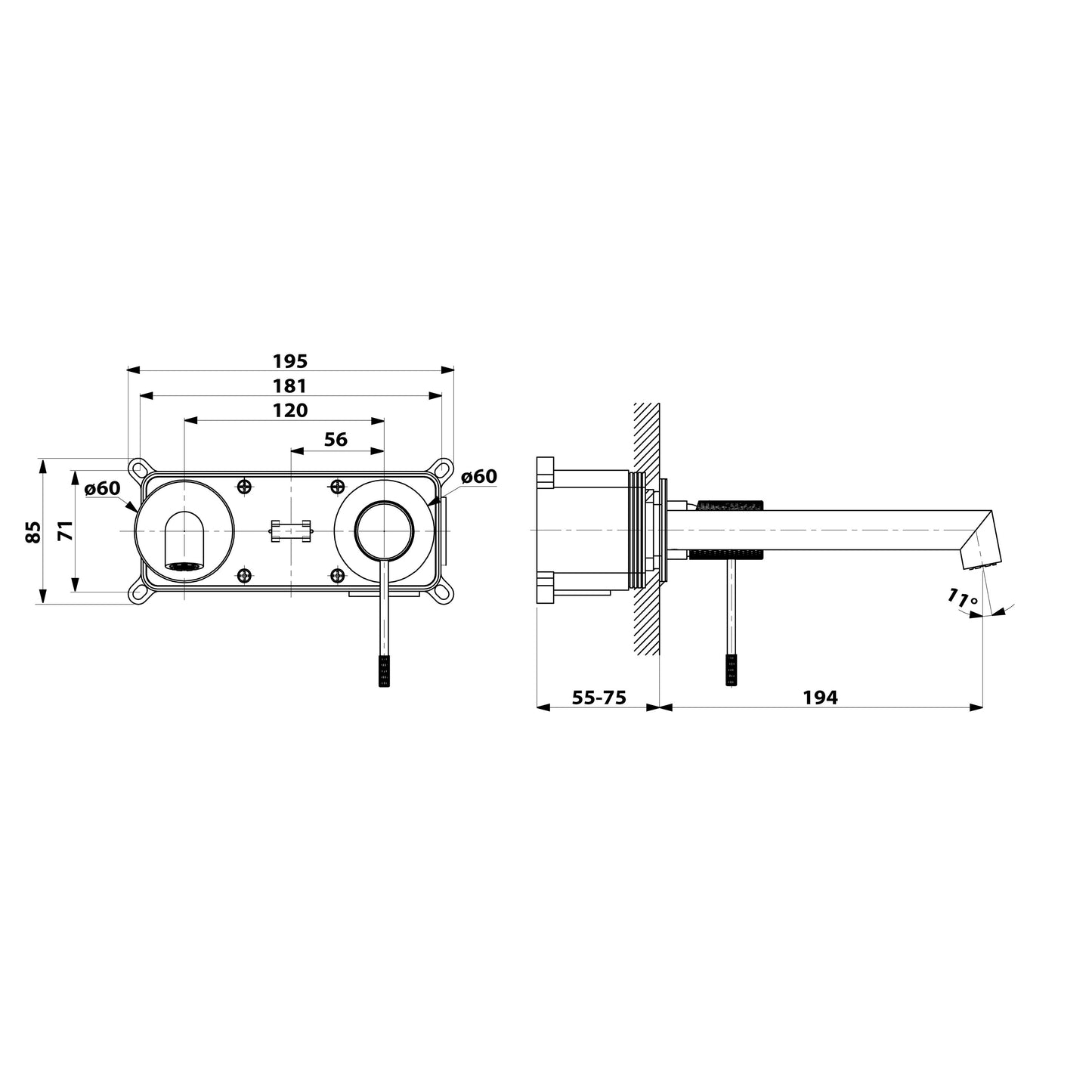 SOLARIS Baterie lavoar 2 orificii montaj pe perete, negru/auriu mat