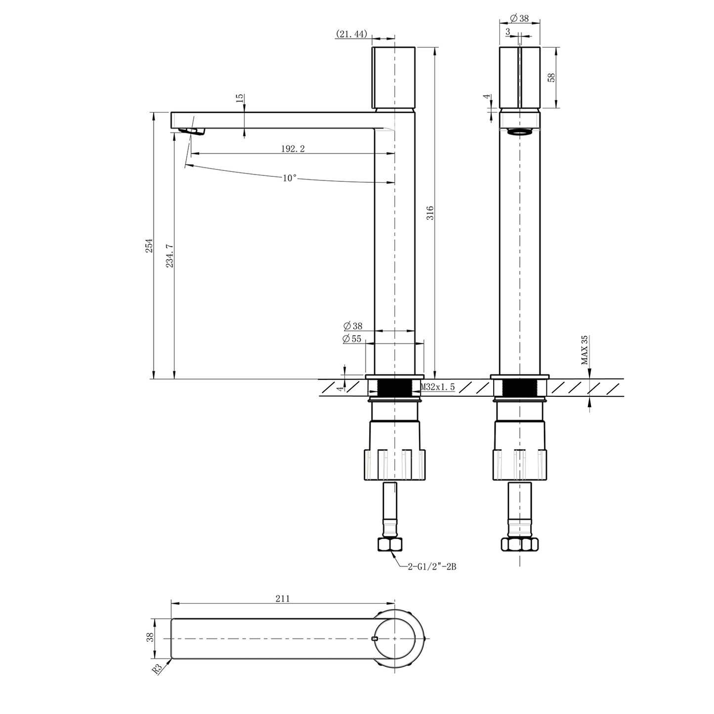 KAISA Baterie lavoar înaltă 235 mm, negru/auriu mat