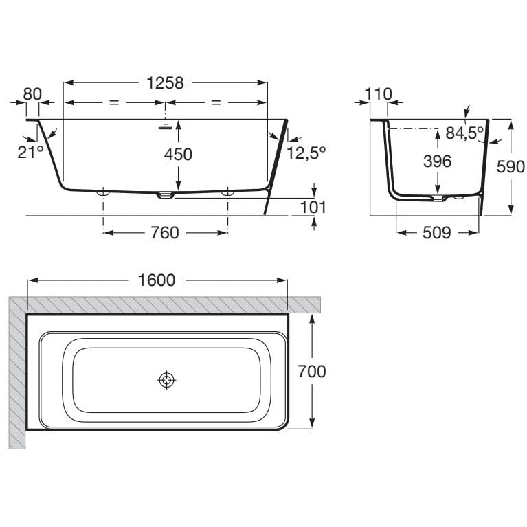 Ona Cada freestanding dreptunghiulara compozit 160x70 cm alb/negru, montaj stanga
