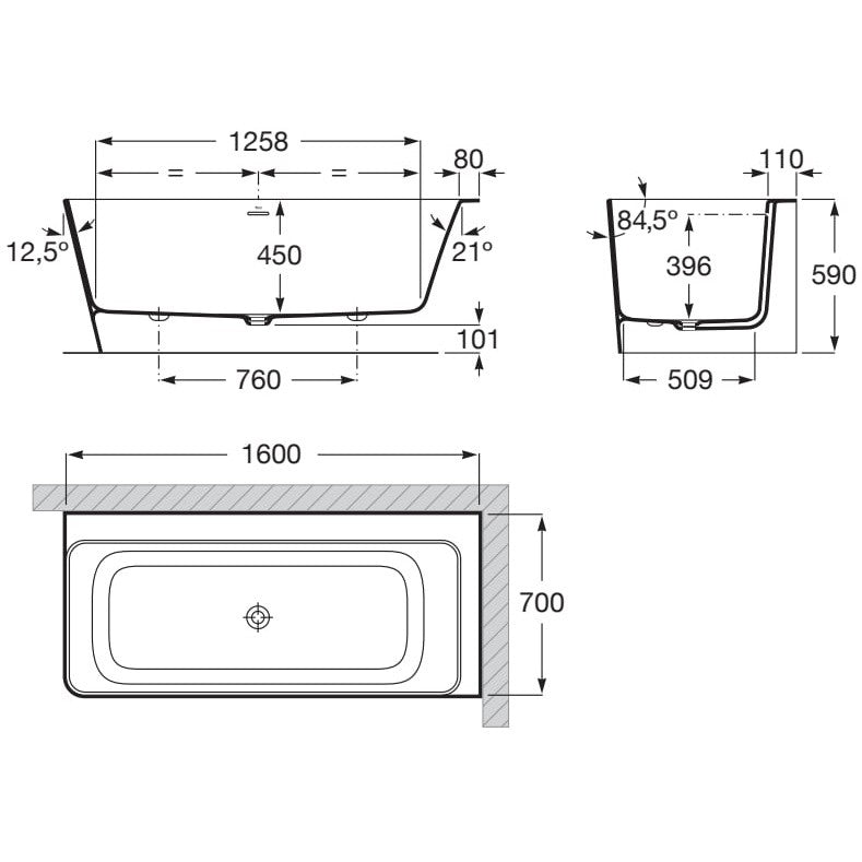 Ona Cada freestanding dreptunghiulara compozit 160x70 cm alb, montaj dreapta