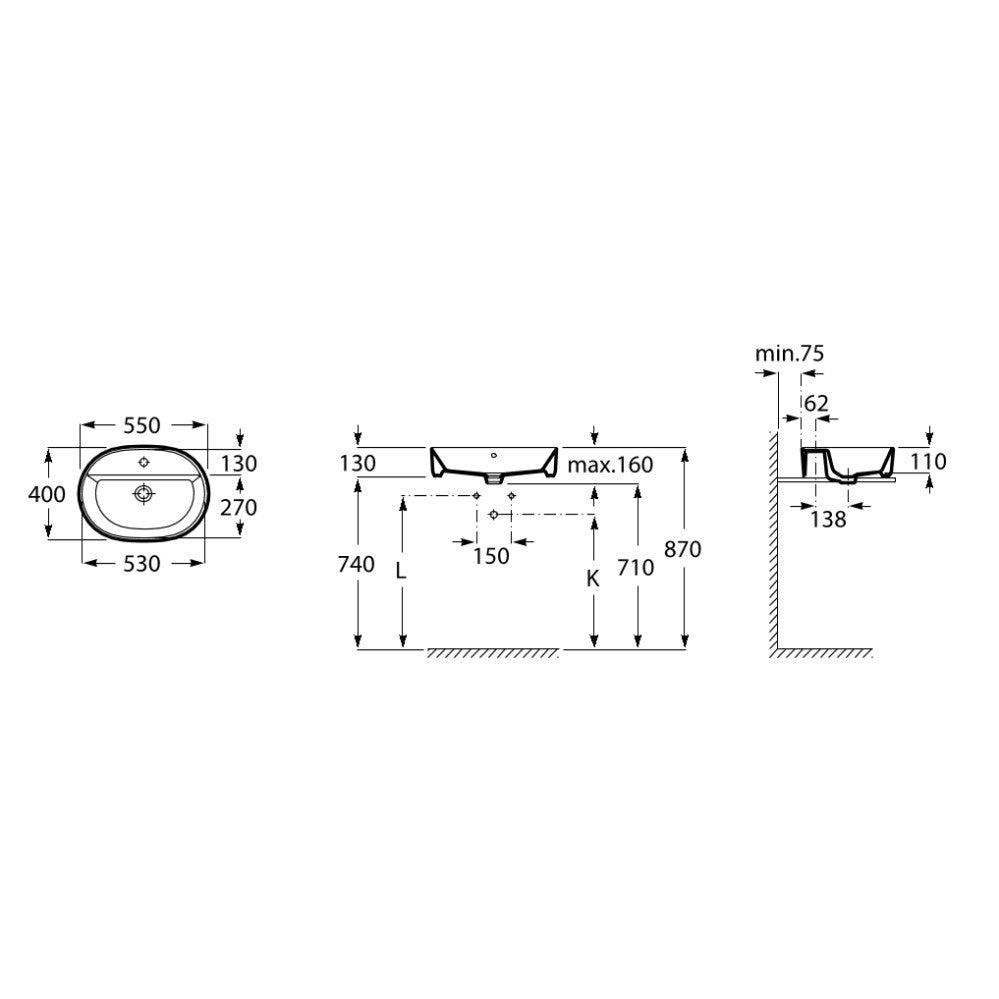 Lavoar baie pe blat, oval The Gap 55x40 cm
