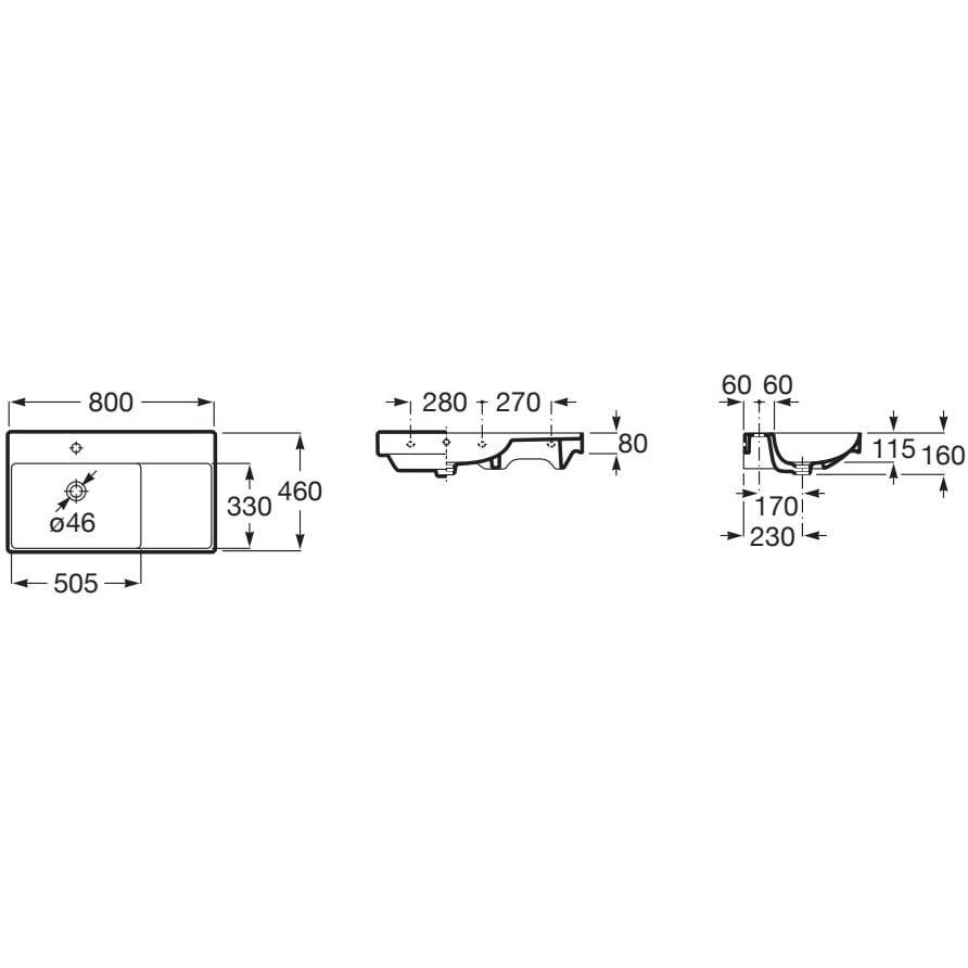Ona Lavoar baie suspendat 80x46 cm, polita dreapta, alb mat