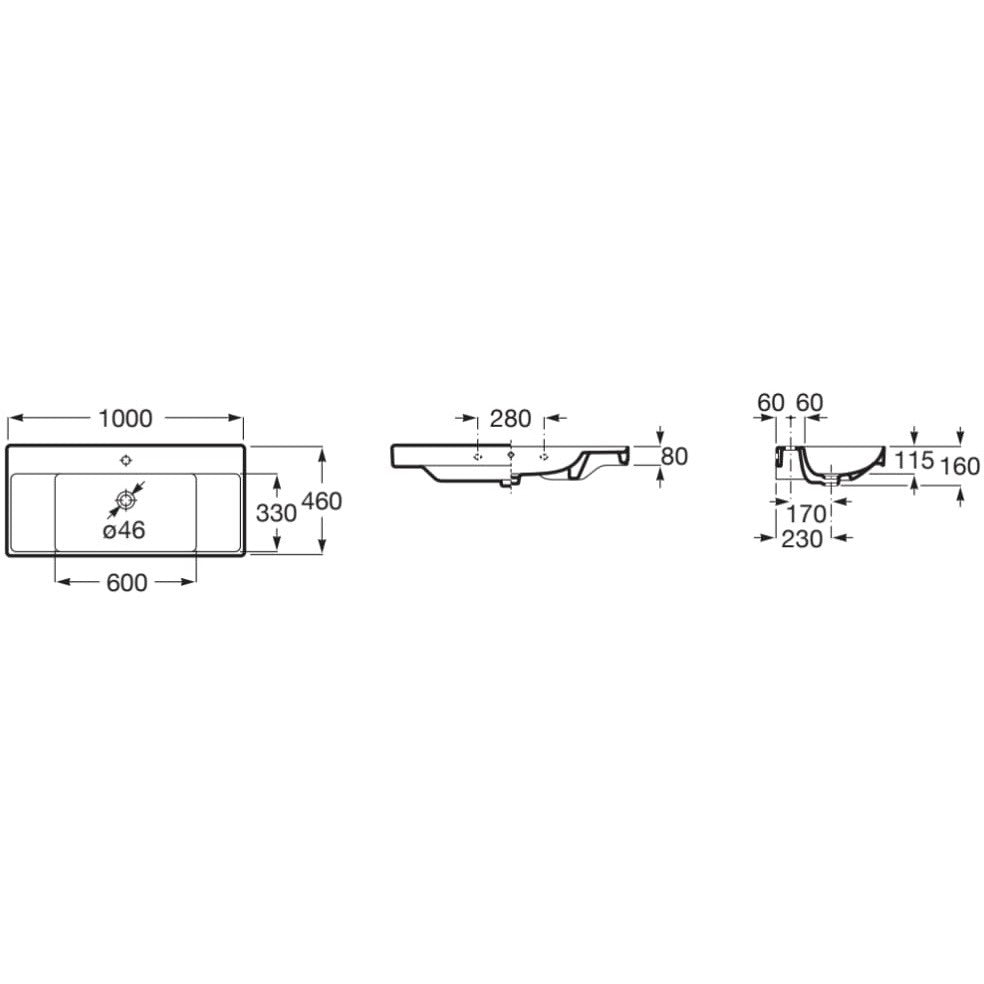 Ona Chiuveta baie suspendata 100x46 cm, polite laterale
