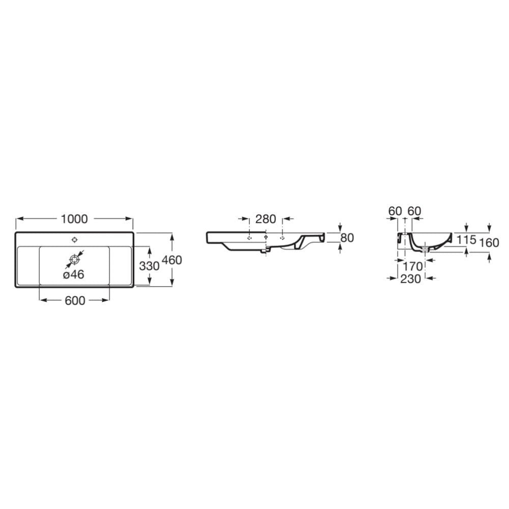 Ona Chiuveta baie suspendata 100x46 cm, polite laterale, alb mat