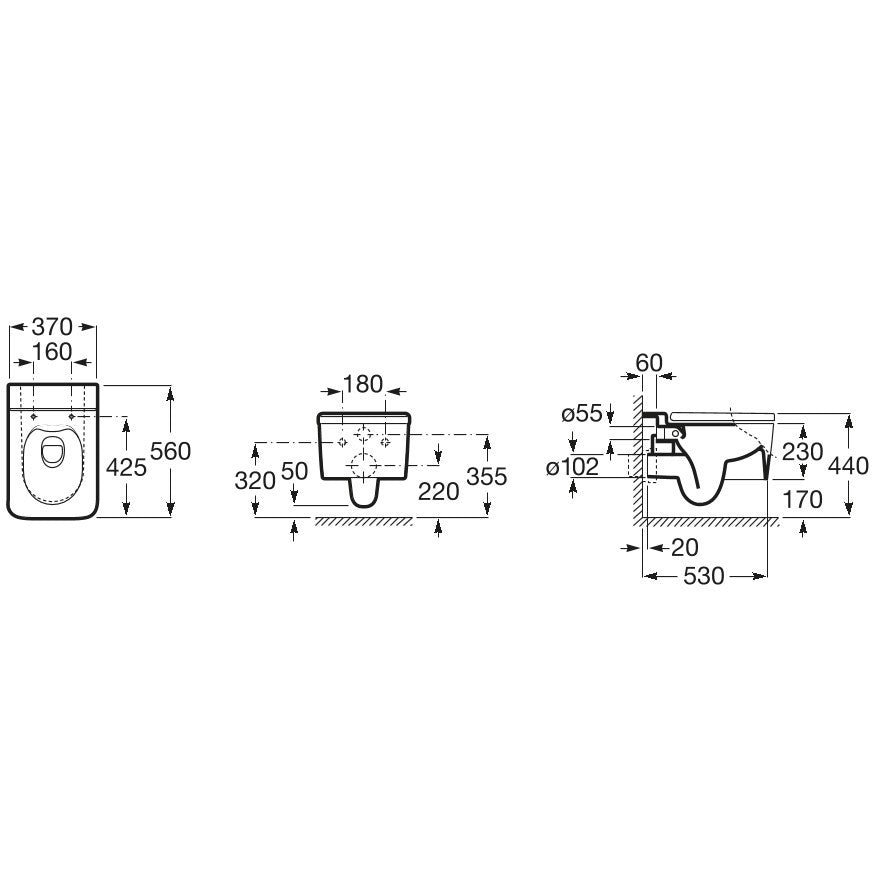 INSPIRA Vas WC suspendat  Square Rimless 37x56 cm evacuare orizontala, alb mat