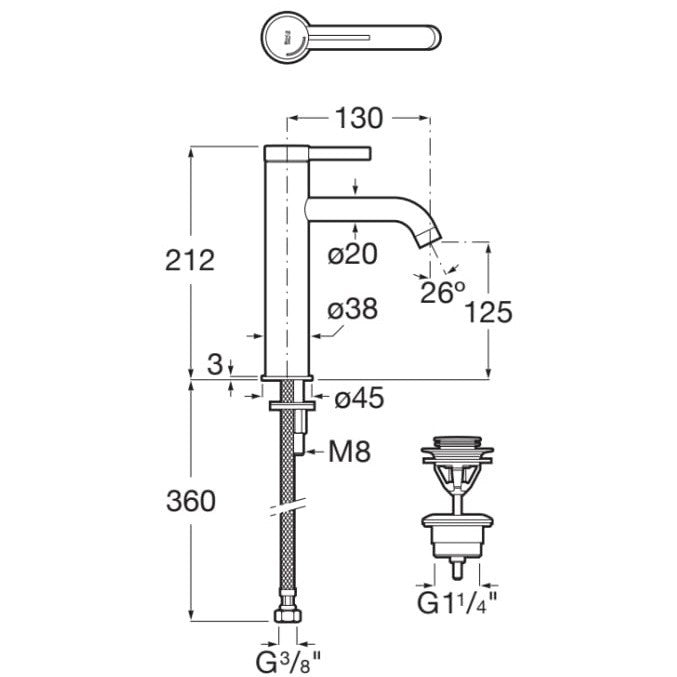 Ona Baterie lavoar inalta neagra mat , cu ventil click-clack H21 cm