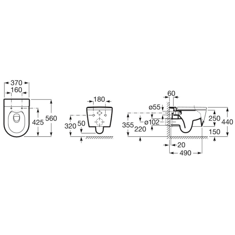 INSPIRA Vas WC suspendat  Round Rimless 37x56 cm evacuare orizontala, antracit (onyx)