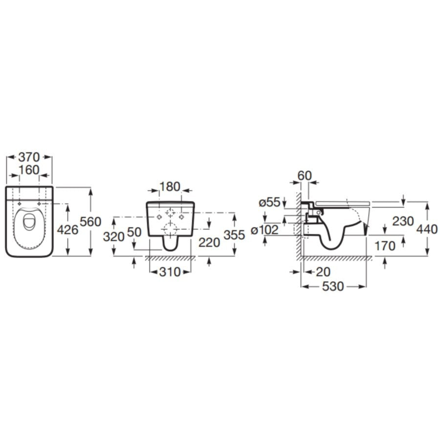 INSPIRA Vas WC suspendat  Square Rimless 37x56 cm evacuare orizontala