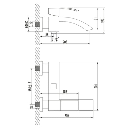 GINKO Baterie cadă montaj pe perete, negru mat