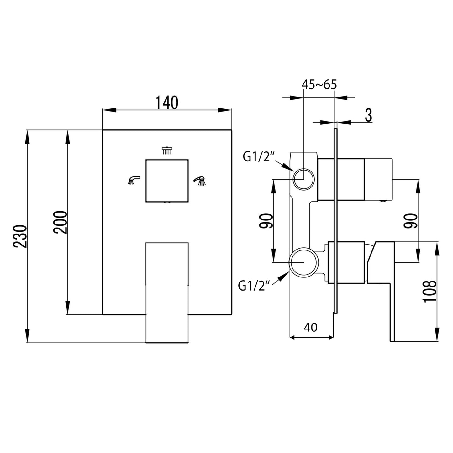 GINKO Baterie duș încastrată cu monocomandă, 3 căi, crom