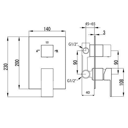 GINKO Baterie duș încastrată cu monocomandă, 3 căi, crom