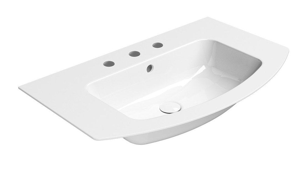 PURA Slim Lavoar ceramic curbat 82x49cm, muchie inferioară rectificată, 3 orificii baterie, alb ExtraGlaze
