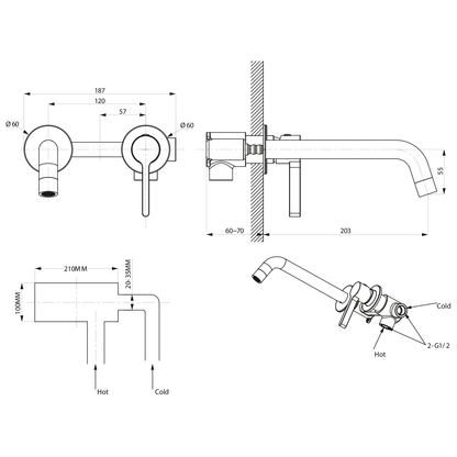 ICONIC Baterie lavoar încastrată 2 orificii, negru mat