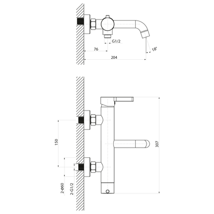 ICONIC Baterie cadă montaj pe perete, crom