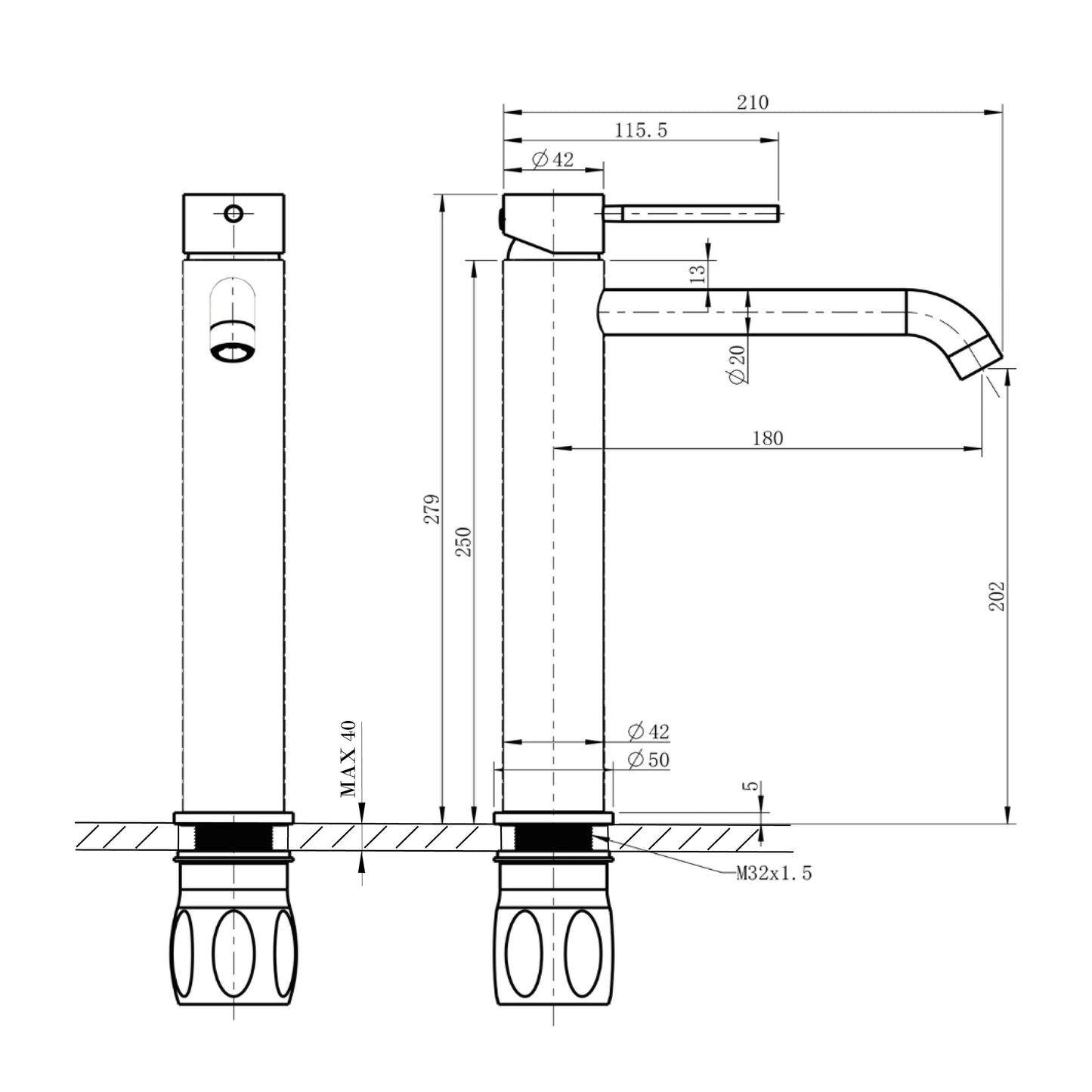 FLAWO Baterie lavoar înaltă, auriu mat