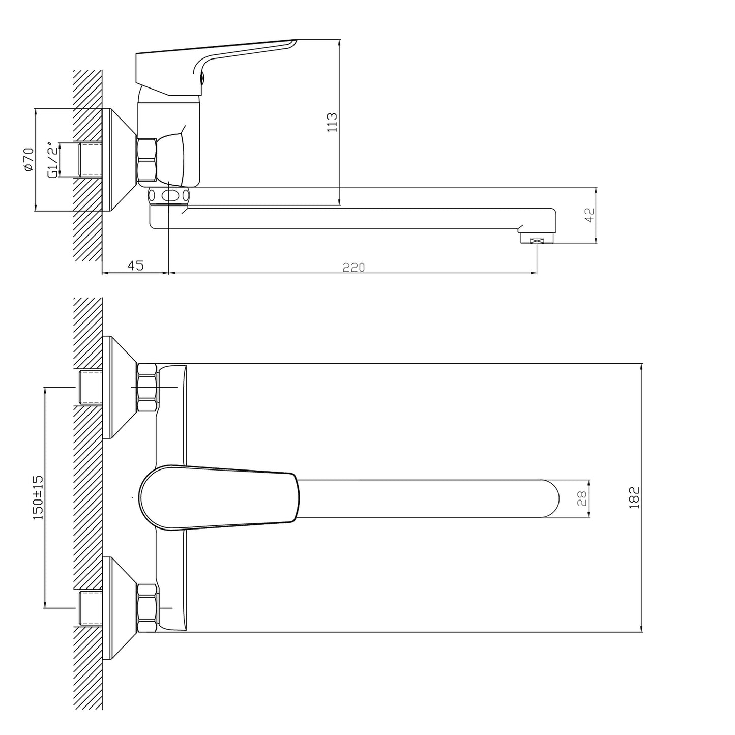 LOTTA Baterie montaj pe perete cu pipă plată, crom