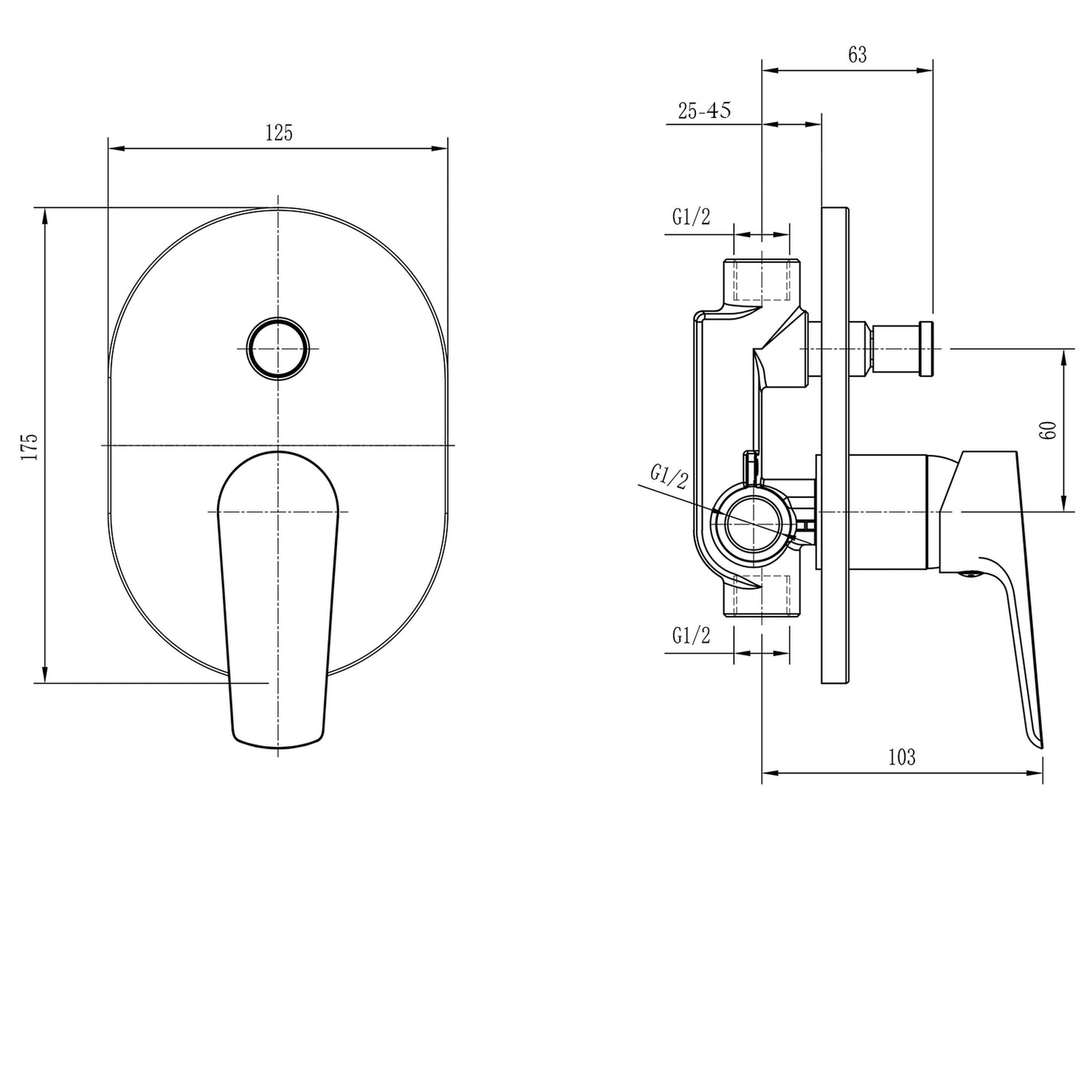 LOTTA Baterie duș încastrată cu monocomandă, 2 căi, crom