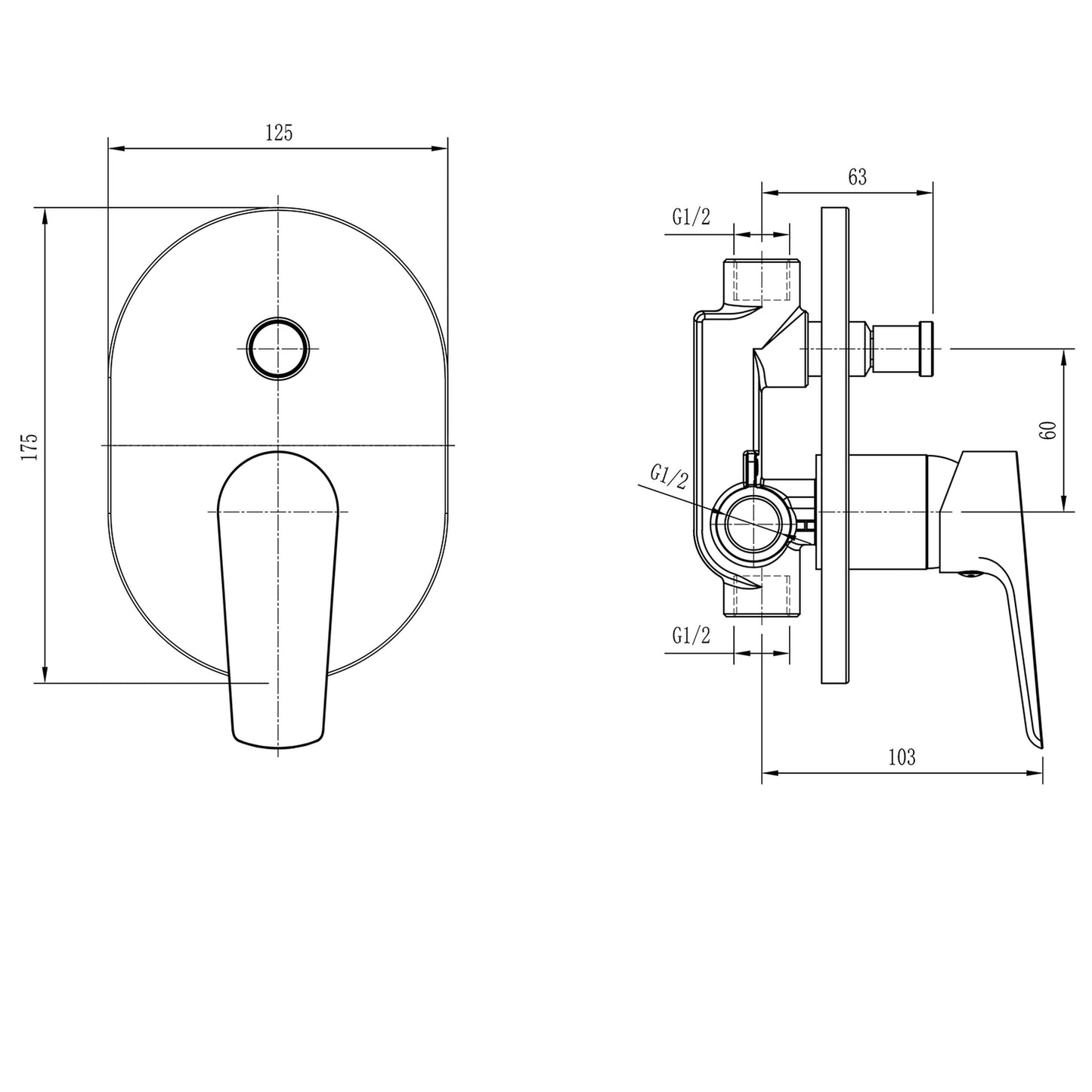 LOTTA Baterie duș încastrată cu monocomandă, 2 căi, negru mat