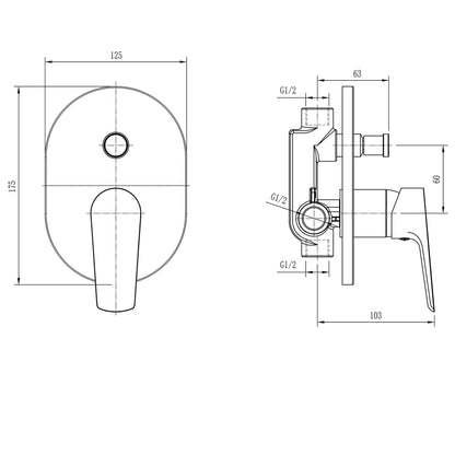 LOTTA Baterie duș încastrată cu monocomandă, 2 căi, negru mat