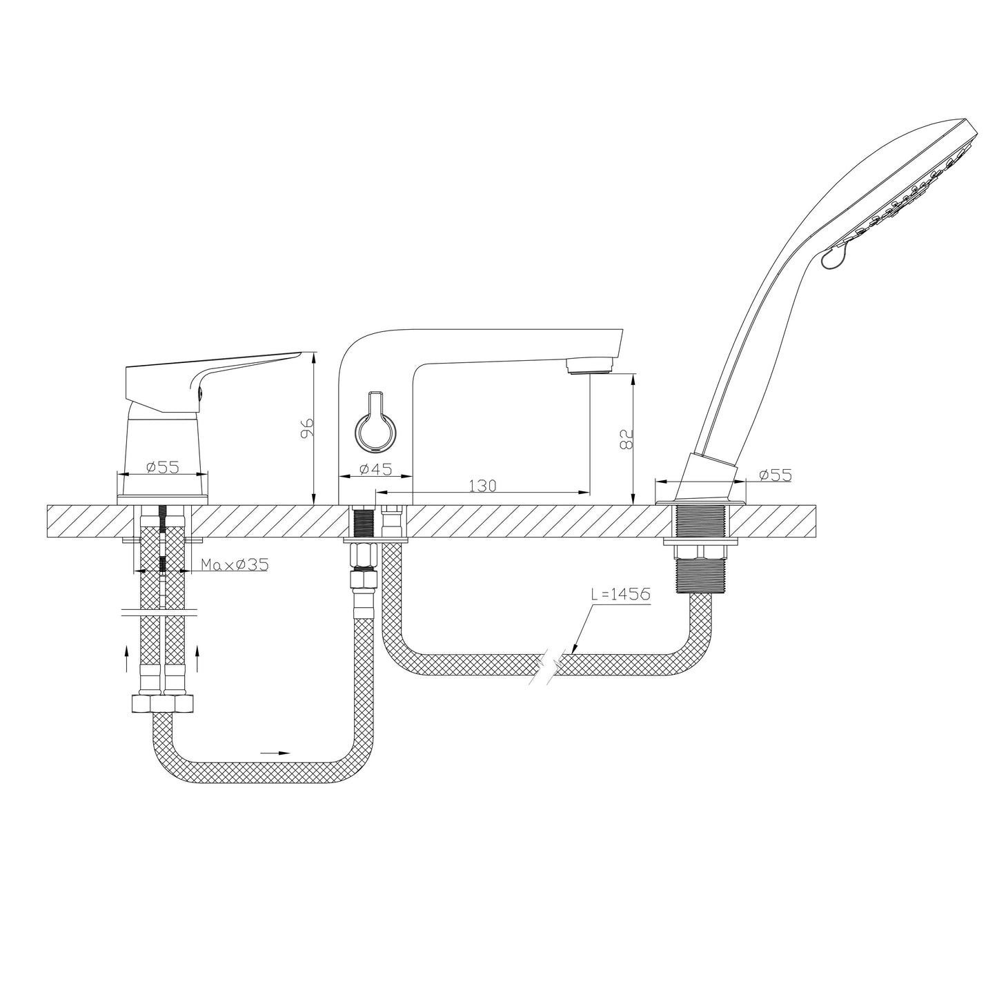 LOTTA Baterie montaj pe blat, 3 orificii, crom