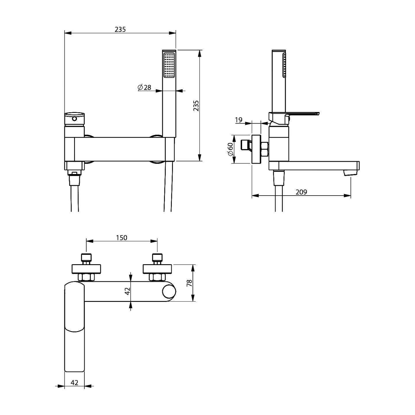 MIXONA Baterie cadă montaj pe perete cu duș de mână și pipă rotativă, crom