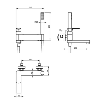 MIXONA Baterie cadă montaj pe perete cu duș de mână și pipă rotativă, crom