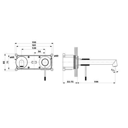 SOLARIS Baterie lavoar 2 orificii montaj pe perete, negru mat/crom