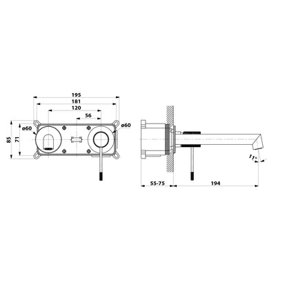 SOLARIS Baterie lavoar 2 orificii montaj pe perete, negru/cupru mat