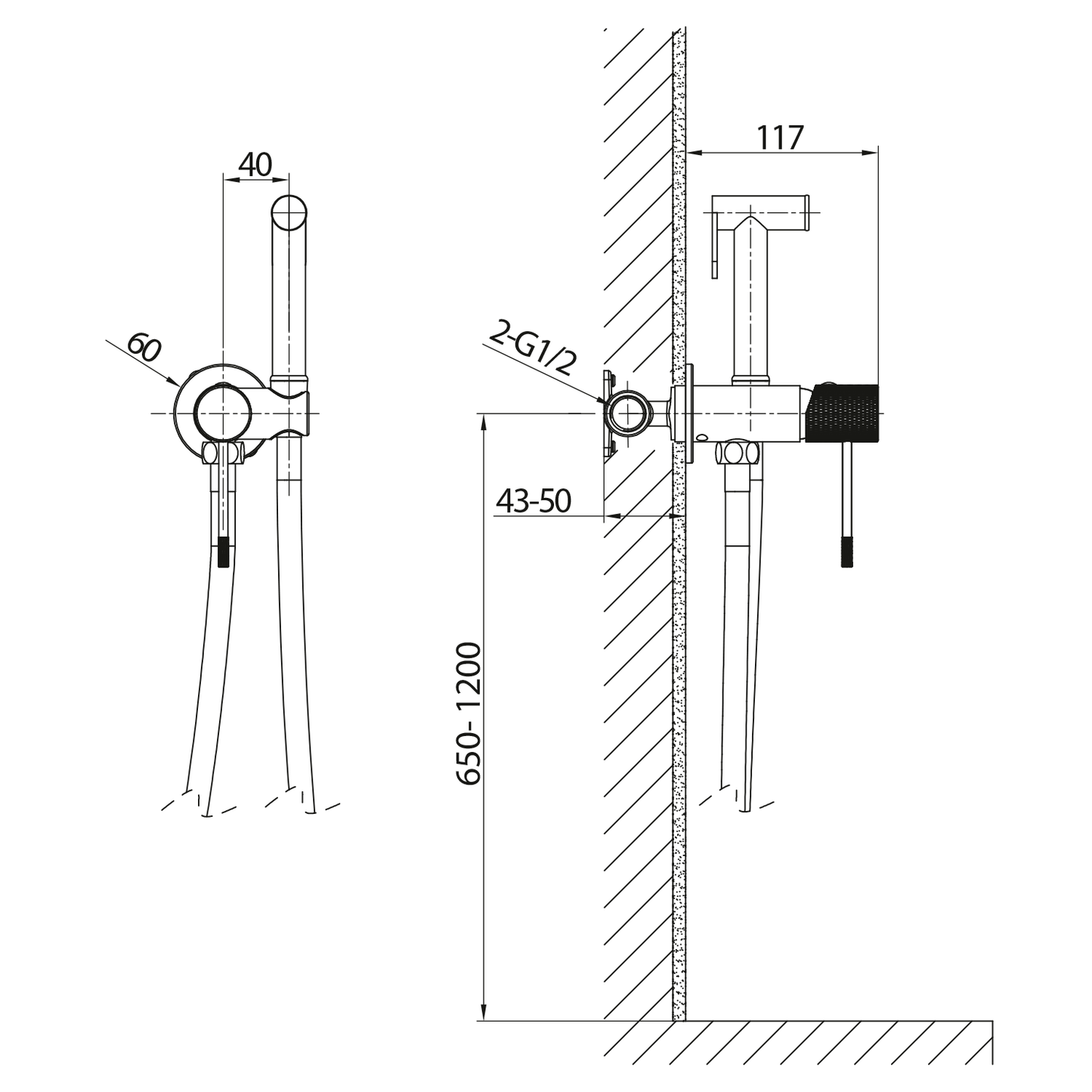 SOLARIS Baterie bideu încastrată cu duș stop, rotundă, crom/negru mat