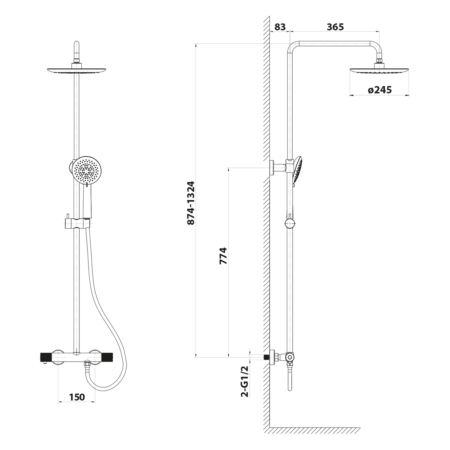 SOLARIS Set duș combinat cu baterie termostatică, crom/negru mat