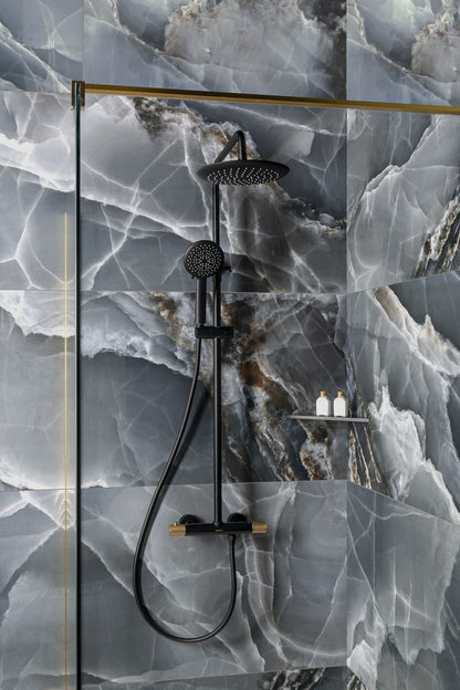 SOLARIS Set duș combinat cu baterie termostatică, negru/auriu mat