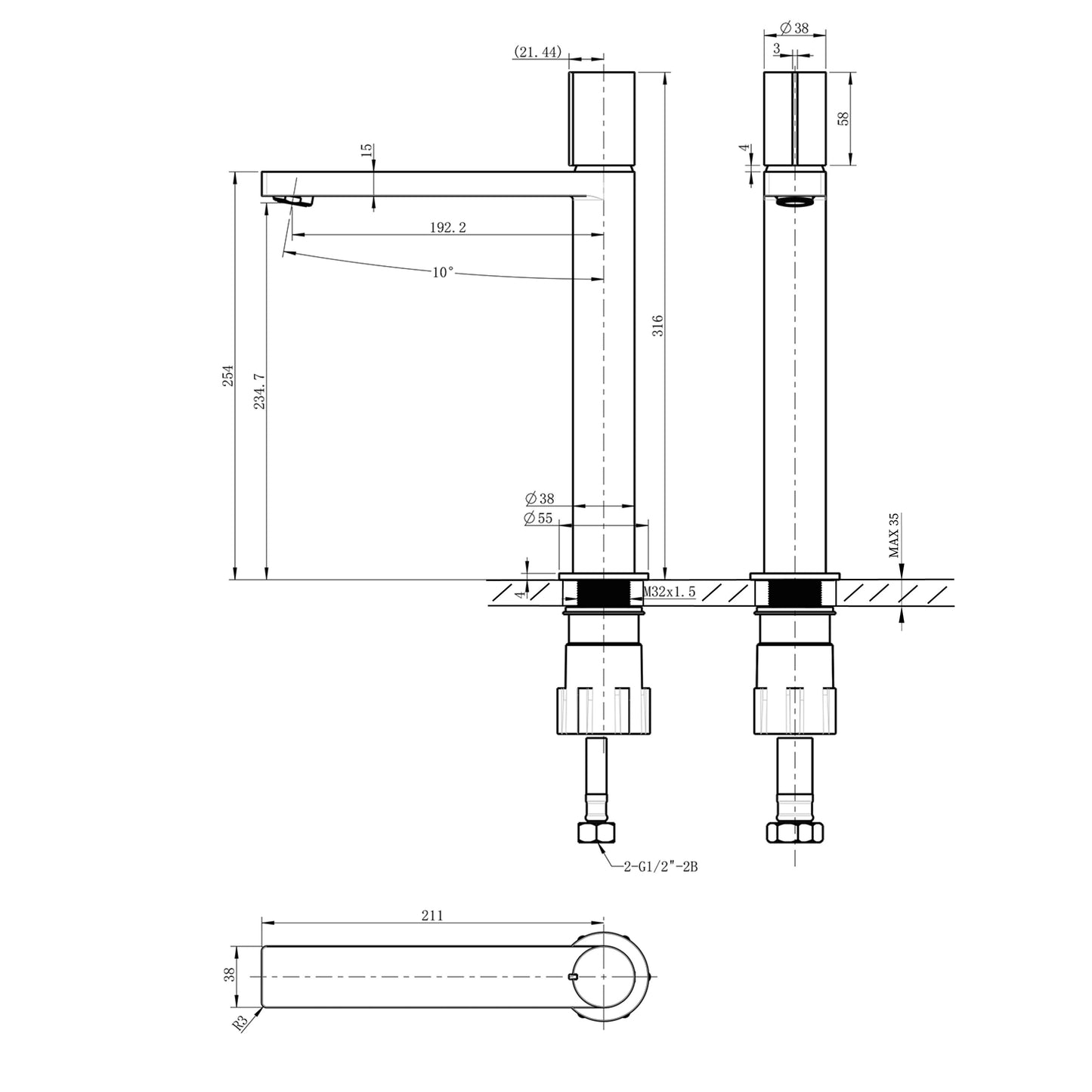 KAISA Baterie lavoar înaltă 235 mm, negru/cupru mat