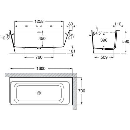 Ona Cada freestanding dreptunghiulara  compozit 160x70 cm alb/negru, montaj dreapta
