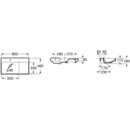 Ona Lavoar baie suspendat  80x46 cm, polita dreapta, alb mat