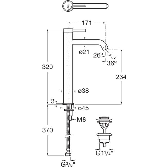 Ona Baterie lavoar pe blat aurie roze , cu ventil click-clack H32 cm